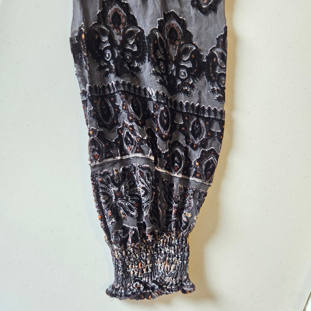 Hale Bob Silk Blend Burnout Velvet Mini Dress Charcoal Gray Copper Damask M - Picture 6 of 12